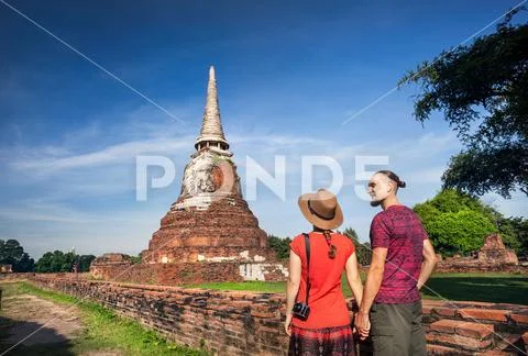 Couple in the Ruins of Ancient Thailand Stock Photos