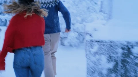Couple run in romantic magic winter forest Video stock 104219031
