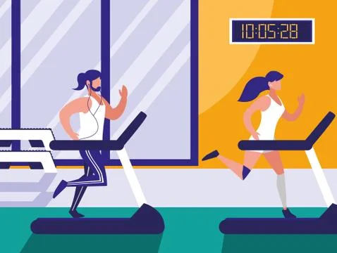 Couple with runner machine in gym Ilustração Stock
