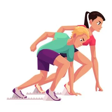 Couple of runners, sprinters ready to start, running blocks Ilustração Stock