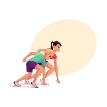 Couple of runners, sprinters ready to start, running blocks Ilustração Stock
