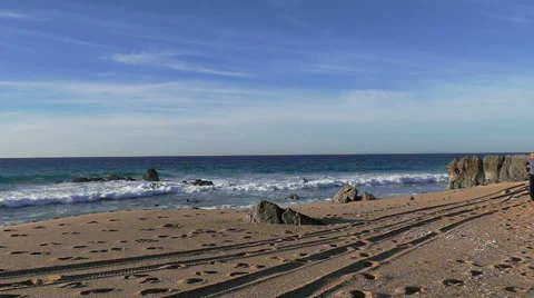Couple Running on Beach with Waves in the Background Stock Footage 45702322