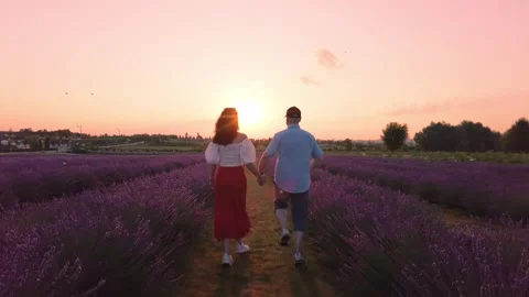 Couple Running Hand in Hand Through Lavender Fields at Dawn. Slow Motion Stock Footage 294766547