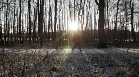 Couple running on path, winter/spring, sun Vídeos de archivo 46819025