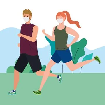 Couple running using medical protective mask on nature landscape during covid 19 Ilustração Stock
