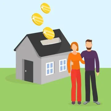 Couple saves money or pays credit loan for family home house vector illustration Stock Illustration