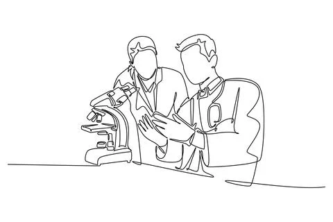 Couple scientist analyze blood sample using laboratory microscope イラスト素材