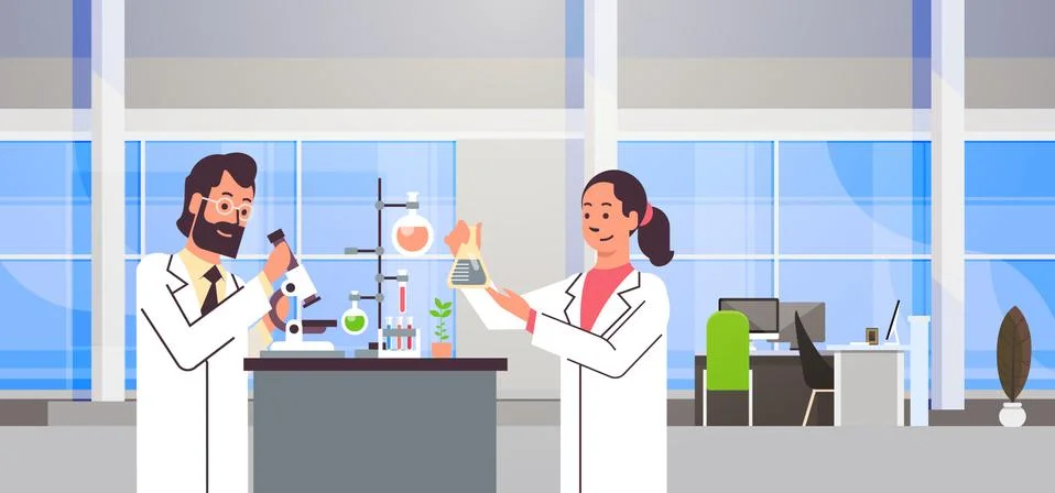Couple scientists working with microscope in laboratory doing research man woman Illustrazione stock