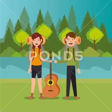 Couple scouts in the camping zone scene Stock Illustration
