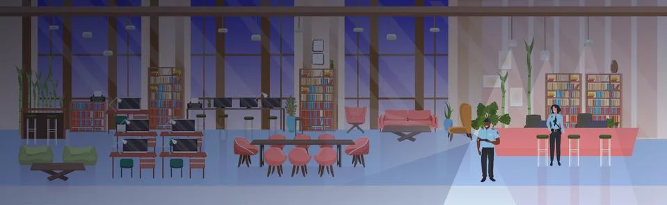 Couple security guards with flashlights working at night in creative co-working Stock Illustration