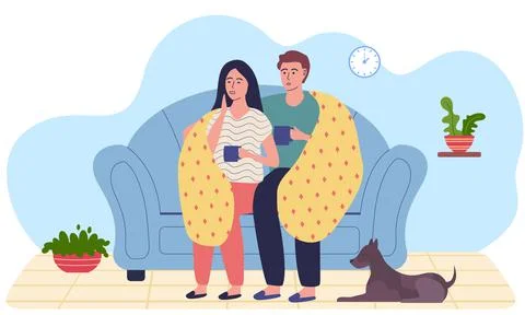 Couple on self-isolation. Man and woman in blanket drink tea. Treatment and Stock Illustration