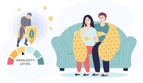 Couple on self-isolation. Man and girl in blanket drink tea. Immunity level Stock Illustration