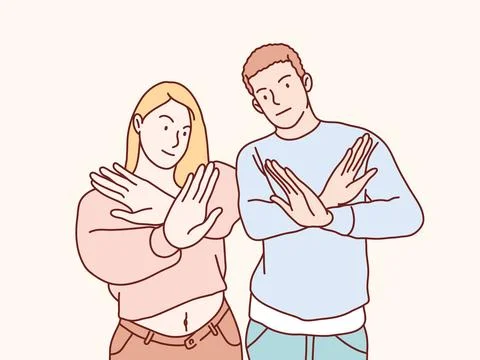Couple serious stop Gesture refuse no With Crossed x Hands simple korean style Stock Illustration