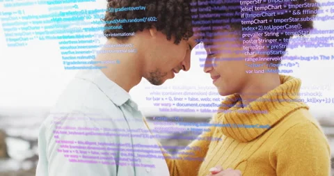 Couple sharing forehead touch holding hands on shoreline, code lines scrolling Stock Footage 310216730