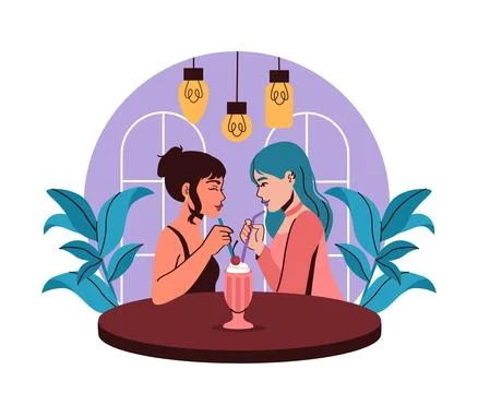 Couple sharing milkshake at cafe table. Vector illustration Ilustração Stock