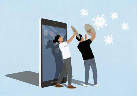 Couple shielding smart phone from floating viruses on blue background Illustrazione stock