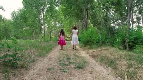 Couple of sisters walking back to back to drone flight on summer forest path Stock Footage 142639339
