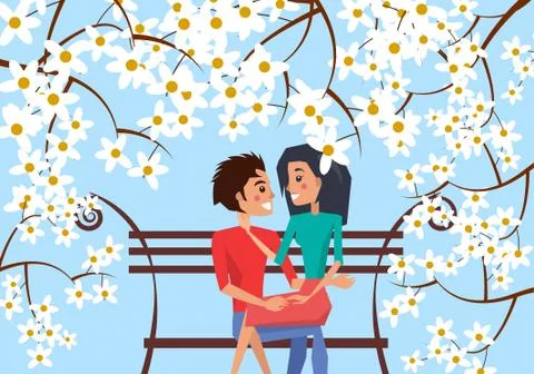 Couple Sit on Bench Surrounded with Cherry Blossom Ilustração Stock
