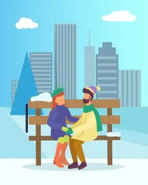 Couple Sit on Bench in Winter Park, Date of Two Ilustração Stock