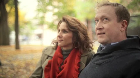 A couple sit at a park bench and embrace each other on a nice fall day Stock Footage 98379977
