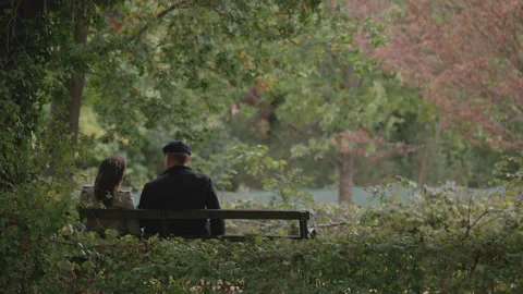 A couple sit on a park bench chatting in autumn / fall 1 - original. 4K tripod Stock Footage 219756434
