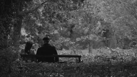 A couple sit on a park bench chatting in autumn / fall 2 - stylised. 4K tripod Stock Footage 219757484