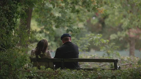 A couple sit on a park bench chatting in autumn / fall 4 - stylised. 4K tripod Stock Footage 219759632