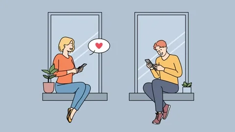 Couple sit on windowsill texting Stock Footage 220780186