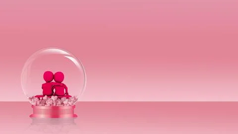A couple sits hugging inside a glass ball with flying hearts Stock Illustration
