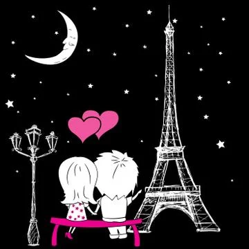 Couple sitting on a bench and looking at the Eiffel Tower in the Stock Illustration