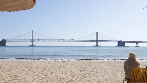 Couple Sitting on Bench Between Beach Umbrellas in Busan South Korea Stock Footage 327581487