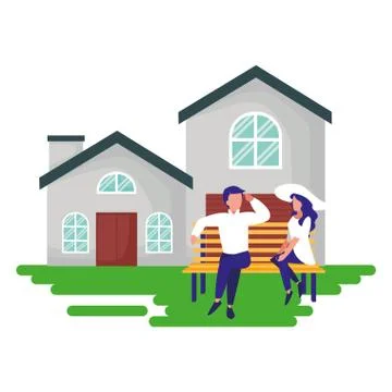 Couple sitting on the bench in front of the house Ilustração Stock