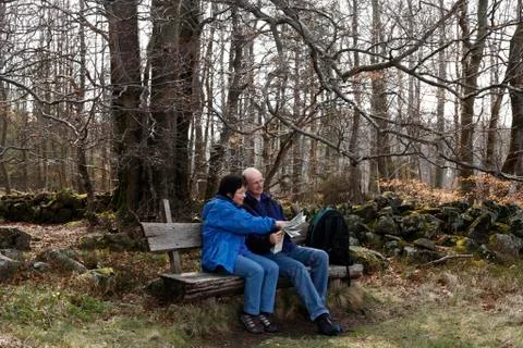 Couple sitting on a bench looking at a map, lange rhoen, lower franconia, bav Fotos Stock
