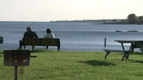 A couple sitting on a bench in a picnic area by the ocean (1 of 2) Stock Footage 10775111
