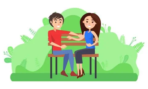 Couple Sitting on Bench Romantic Pair Dating Vector Ilustração Stock
