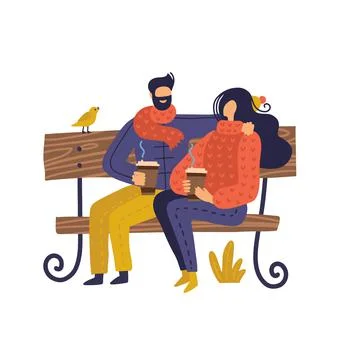 Couple sitting on bench in spring with coffee. Vector illustration in flat style Stock Illustration