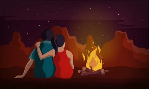Couple sitting with bonfire in night vector Stock Illustration