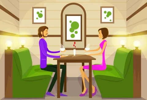 Couple Sitting Cafe Table Drink Coffee Romantic Love Dating Stock Illustration