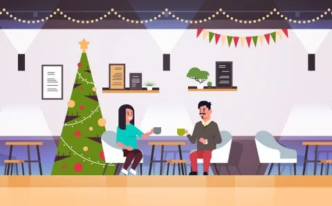 Couple sitting at cafe table drinking coffee and discussing during meeting me Stock Illustration