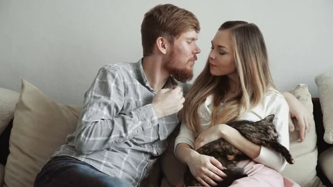 Couple is sitting on the couch sofa at home stroking a cat, Kissingt and Stock Footage 74420104