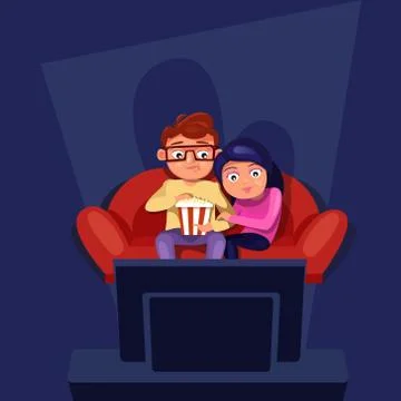 Couple Sitting At Couch Watch Tv Eating Popcorn Stock Illustration