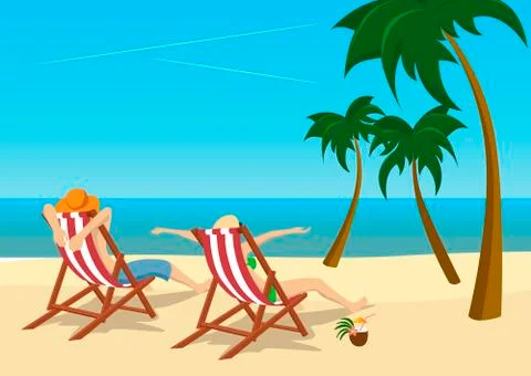 Couple sitting in deck chairs on beach at tropical resort Stock Illustration