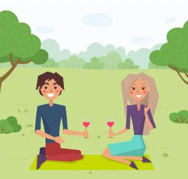 Couple Sitting on Grass and Drinking Wine Vector Ilustração Stock