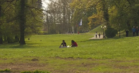 Couple sitting on grass in park 库存影片 332944079