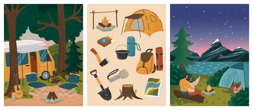 Couple sitting next to camp tent and watching starry night. Summer camp vacation Stock Illustration