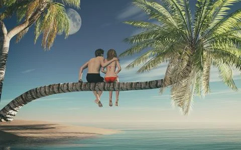 Couple sitting on a palm tree Stock Illustration