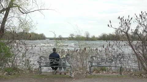 Couple Sitting on Park Bench Watching Flowing River Stock Footage 335230593