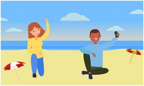 Couple is sitting in a sand on the beach Stock Illustration