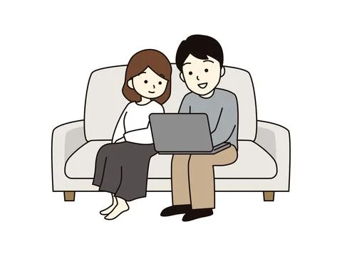 A couple sitting on the sofa and looking at a laptop. Stock Illustration