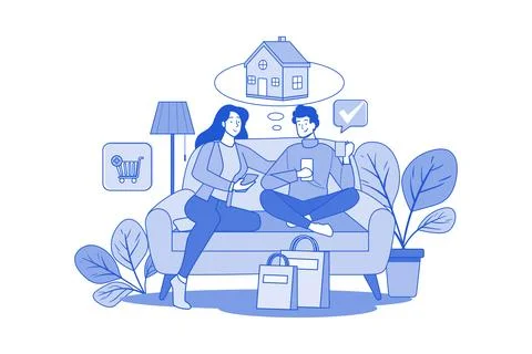 Couple Sitting On The Sofa And Thinking About The Goods They Want To Buy Stock Illustration